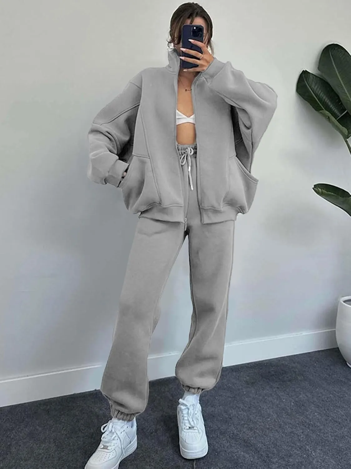 Alunzoem Sweatsuits for Women Set 2 Piece Outfits Long Sleeve Zip Up Jacket Oversized Sweatshirt Jogger Sweatpants Tracksuit