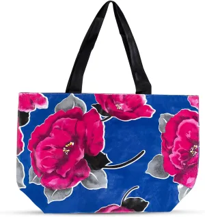 Alux - Durable Oilcloth Beach Tote- Shoulder Straps and Magnet Closure- Wipeable/Durable Ideal for the Beach, Picnic, Gym, Work or School - Reusable Bag (Red Roses Blue/Black Gingham)