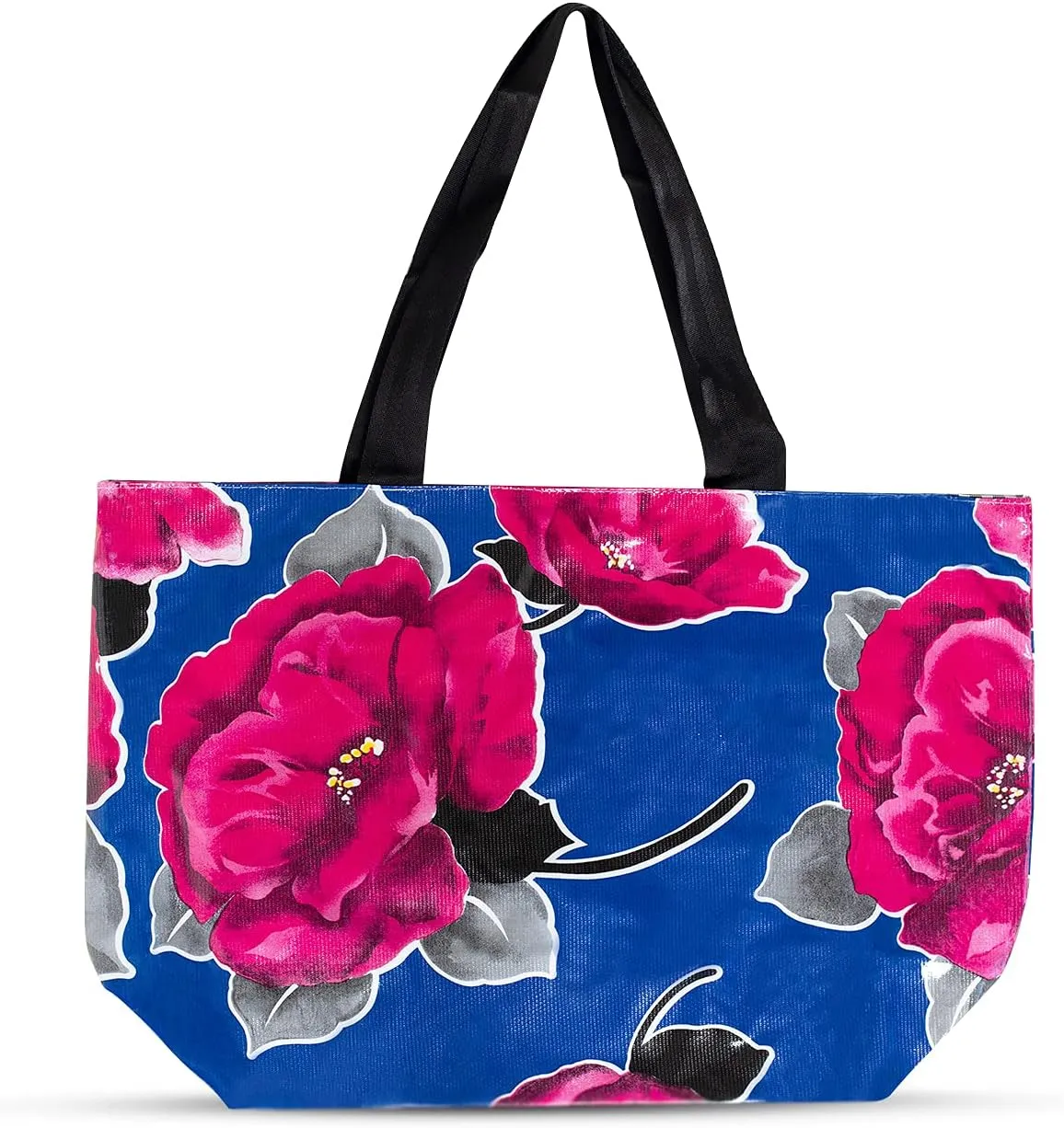 Alux - Durable Oilcloth Beach Tote- Shoulder Straps and Magnet Closure- Wipeable/Durable Ideal for the Beach, Picnic, Gym, Work or School - Reusable Bag (Red Roses Blue/Black Gingham)