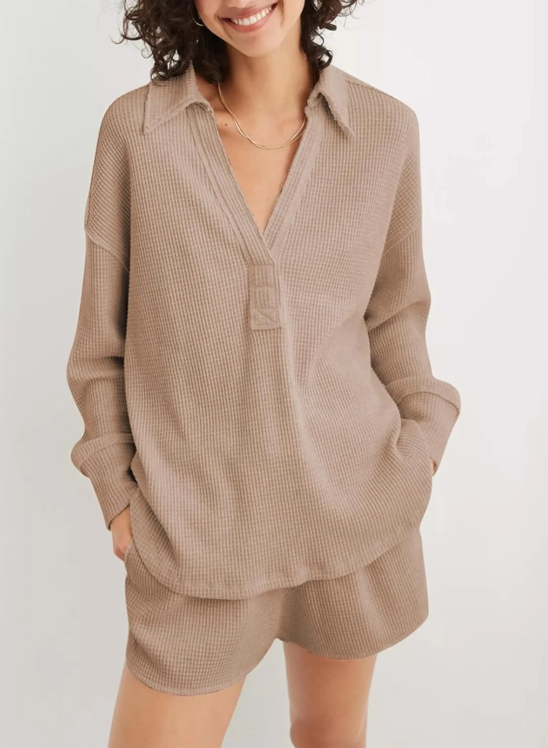 AlvaQ Womens Oversized Sweatshirt Loose V Neck Long Sleeve Lapel Collared Waffle Knit High Low Pullover Tops