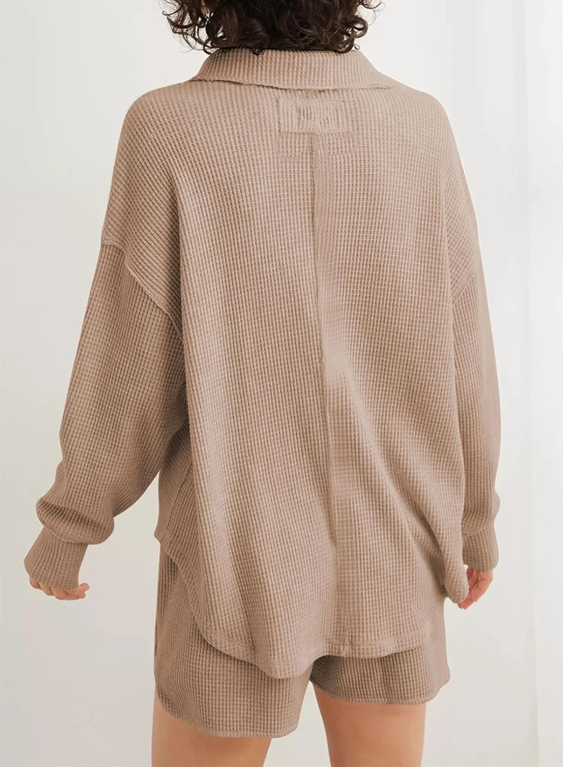 AlvaQ Womens Oversized Sweatshirt Loose V Neck Long Sleeve Lapel Collared Waffle Knit High Low Pullover Tops