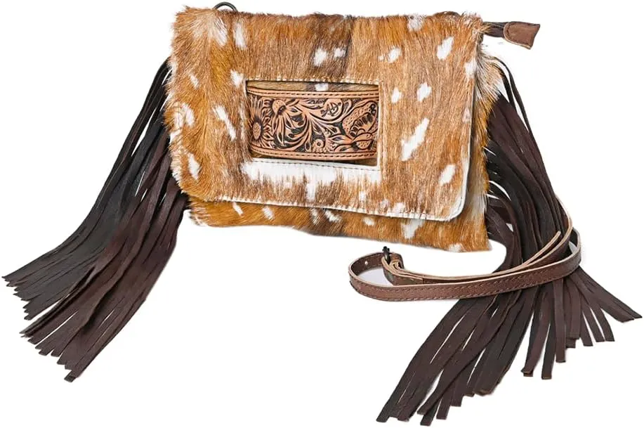 American Darling Hand Tooled Hair-On Genuine Leather Women Bag Western Handbag Purse, Black