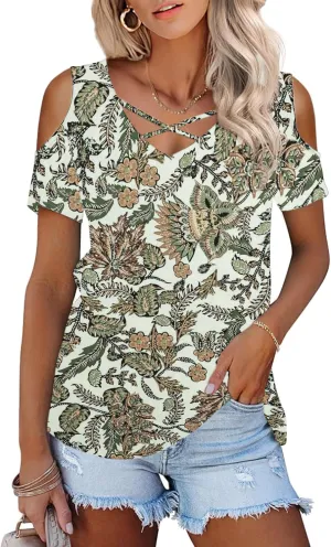 Amoretu Womens Summer Shirts V Neck Criss Cross Cold Shoulder Tops Blouse