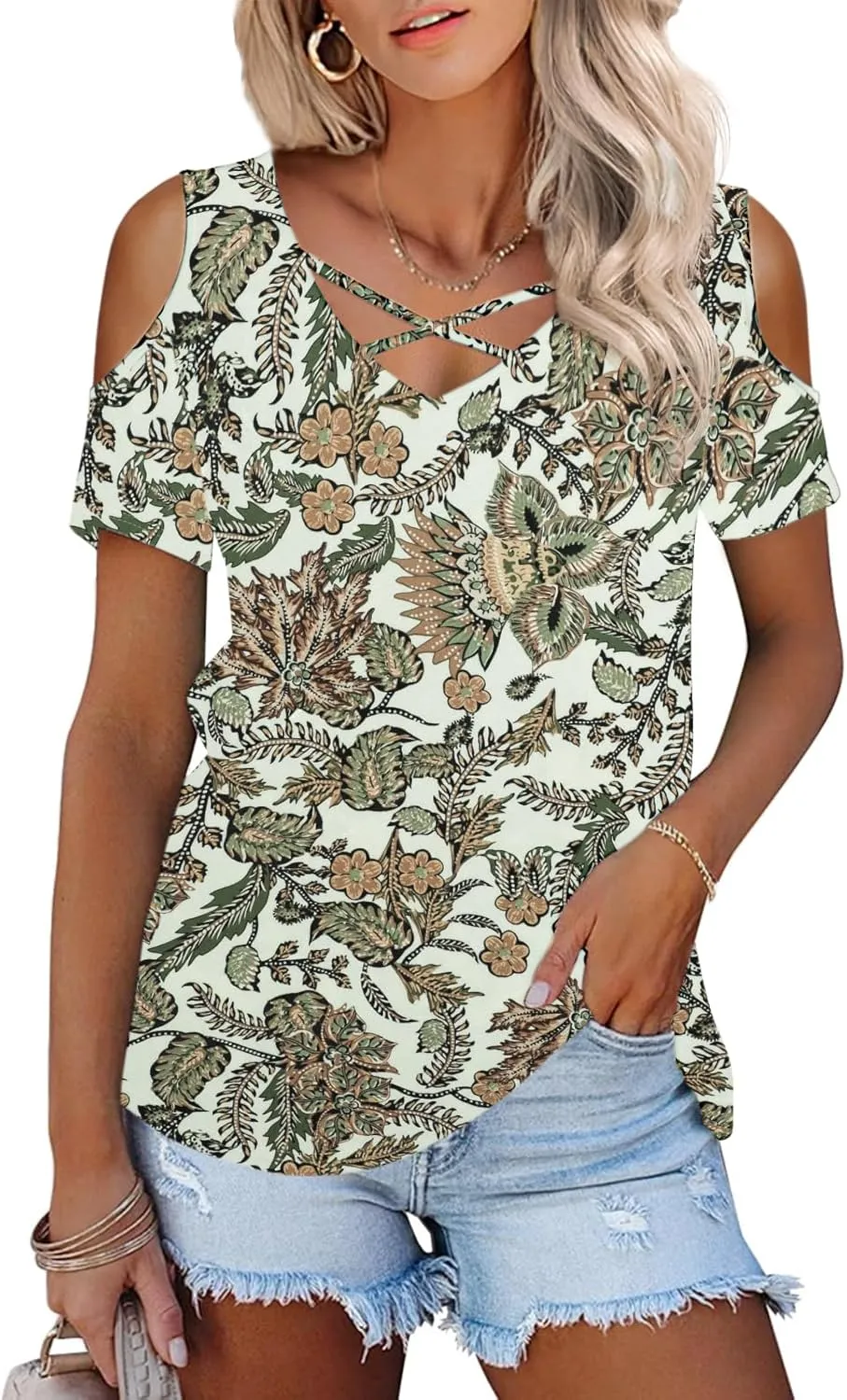 Amoretu Womens Summer Shirts V Neck Criss Cross Cold Shoulder Tops Blouse