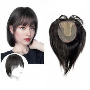 Anemone Lace Base Human Hair Toppers With 3D Bangs Fringe Invisible Natural Hairpiece Thick Clip In Hair-Extension For Hair Volume (Black, 20cm (8inch))