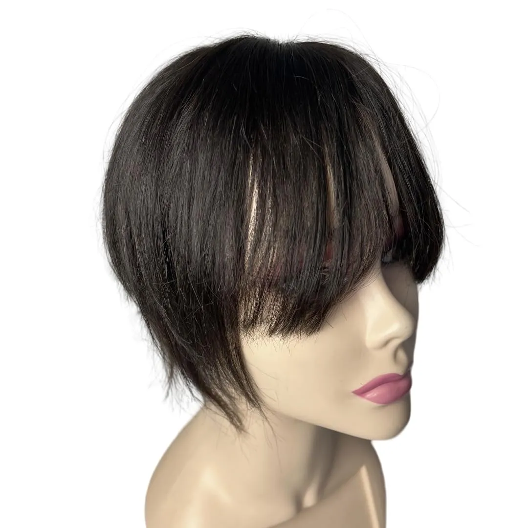 Anemone Lace Base Human Hair Toppers With 3D Bangs Fringe Invisible Natural Hairpiece Thick Clip In Hair-Extension For Hair Volume (Black, 20cm (8inch))
