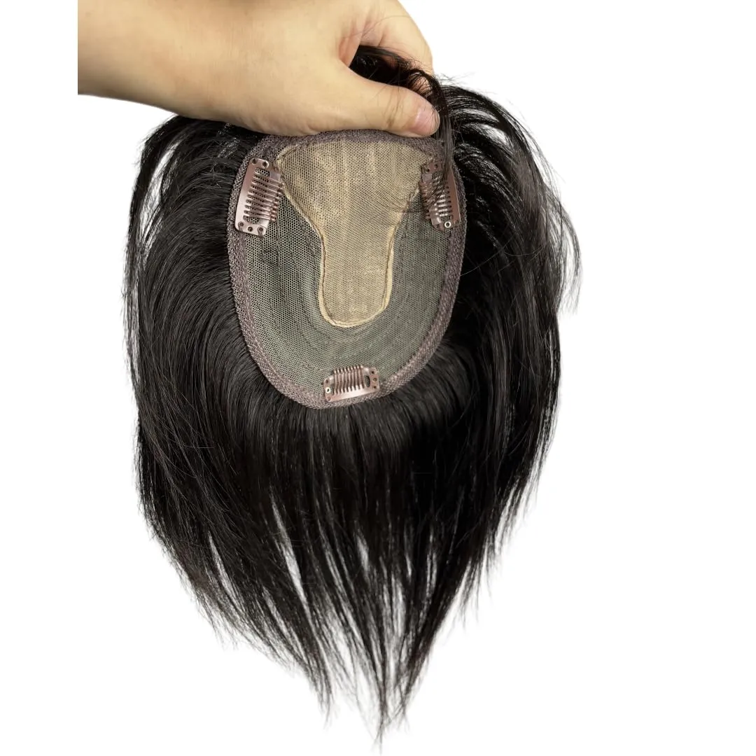 Anemone Lace Base Human Hair Toppers With 3D Bangs Fringe Invisible Natural Hairpiece Thick Clip In Hair-Extension For Hair Volume (Black, 20cm (8inch))