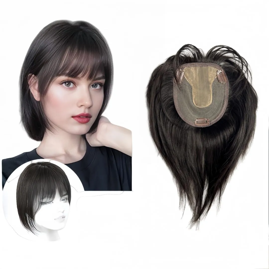 Anemone Lace Base Human Hair Toppers With 3D Bangs Fringe Invisible Natural Hairpiece Thick Clip In Hair-Extension For Hair Volume (Black, 20cm (8inch))
