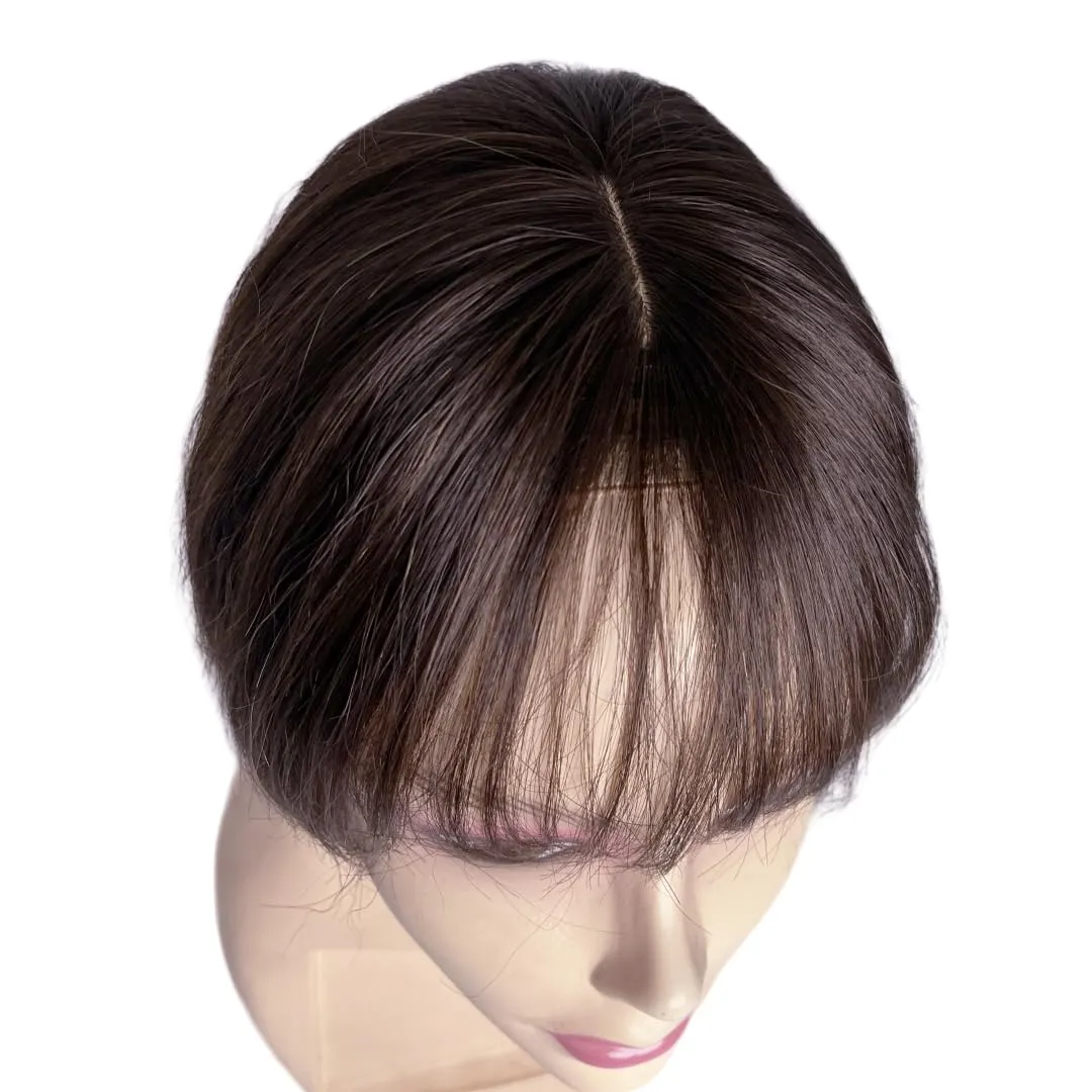 Anemone Lace Base Human Hair Toppers With 3D Bangs Fringe Invisible Natural Hairpiece Thick Clip In Hair-Extension For Hair Volume (Dark Brown, 20cm (8inch))