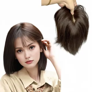 Anemone Lace Base Human Hair Toppers With 3D Bangs Fringe Invisible Natural Hairpiece Thick Clip In Hair-Extension For Hair Volume (Dark Brown, 20cm (8inch))