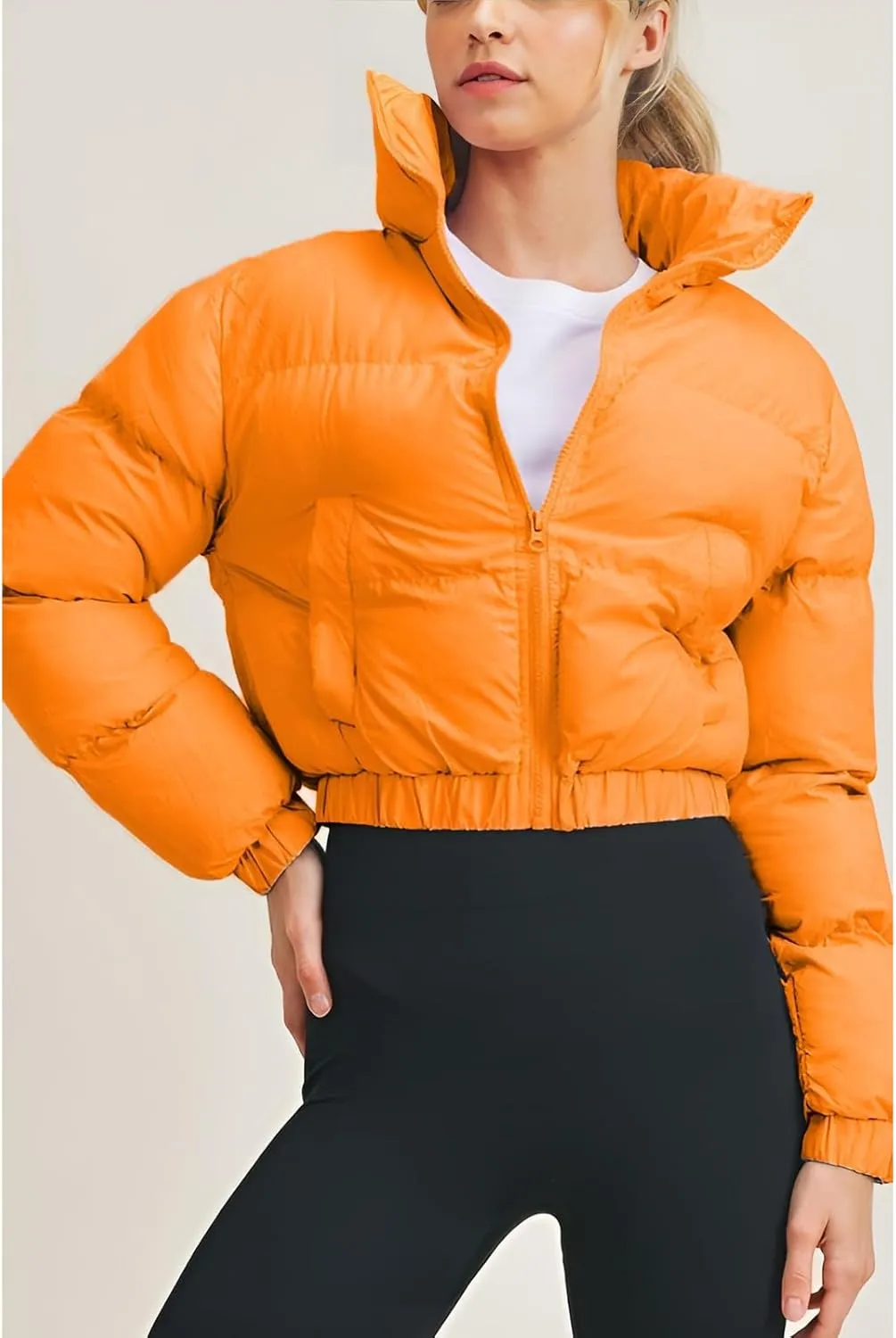 Angsuttc Puffer Jacket Womens Cropped Zip Up Padding Warm Quilted Jackets Winter Coats