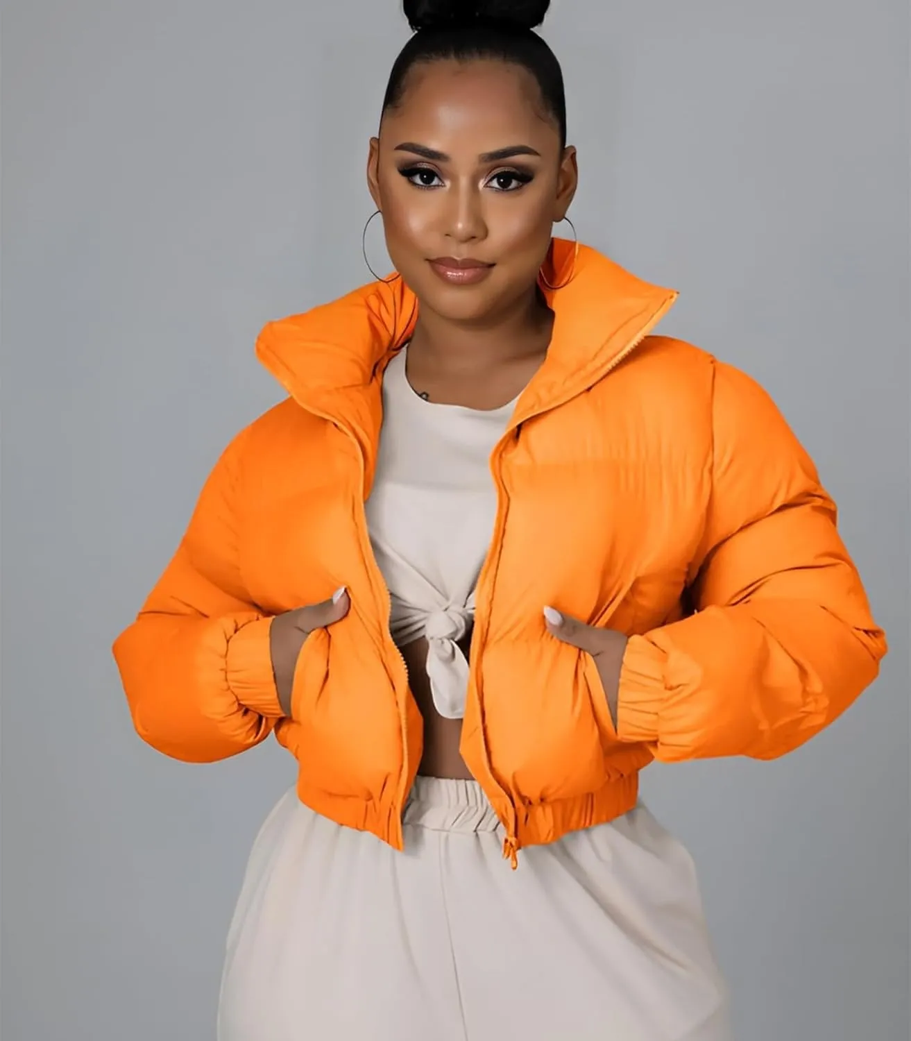 Angsuttc Puffer Jacket Womens Cropped Zip Up Padding Warm Quilted Jackets Winter Coats