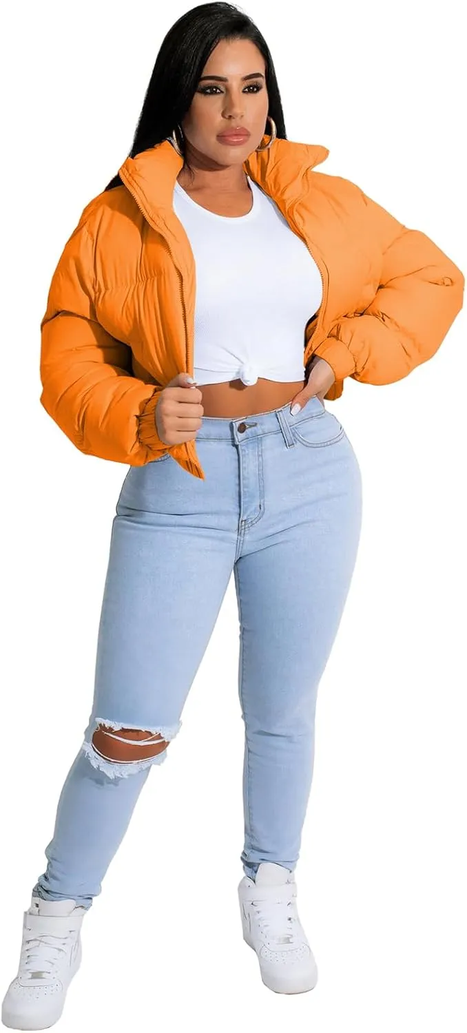 Angsuttc Puffer Jacket Womens Cropped Zip Up Padding Warm Quilted Jackets Winter Coats