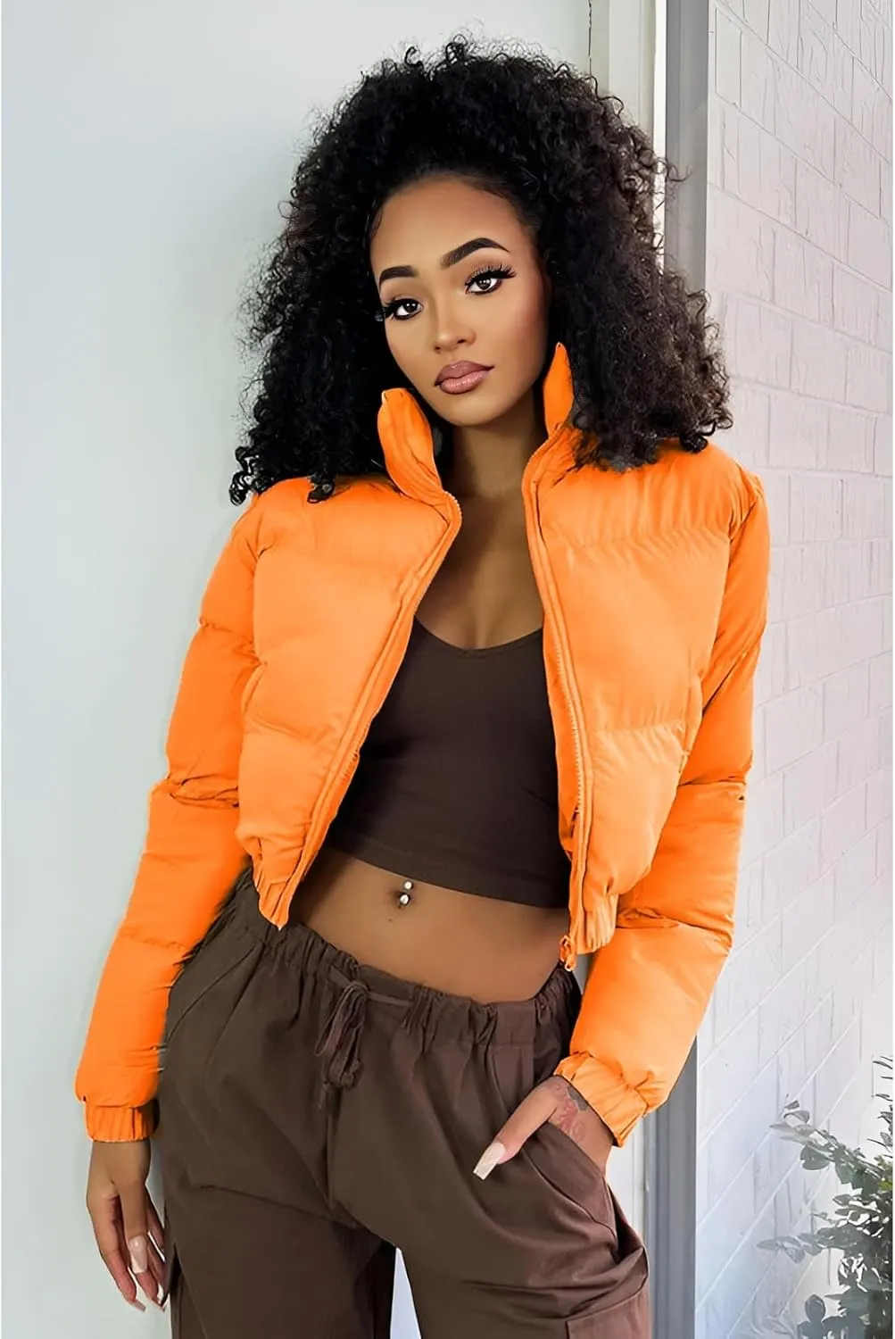 Angsuttc Puffer Jacket Womens Cropped Zip Up Padding Warm Quilted Jackets Winter Coats