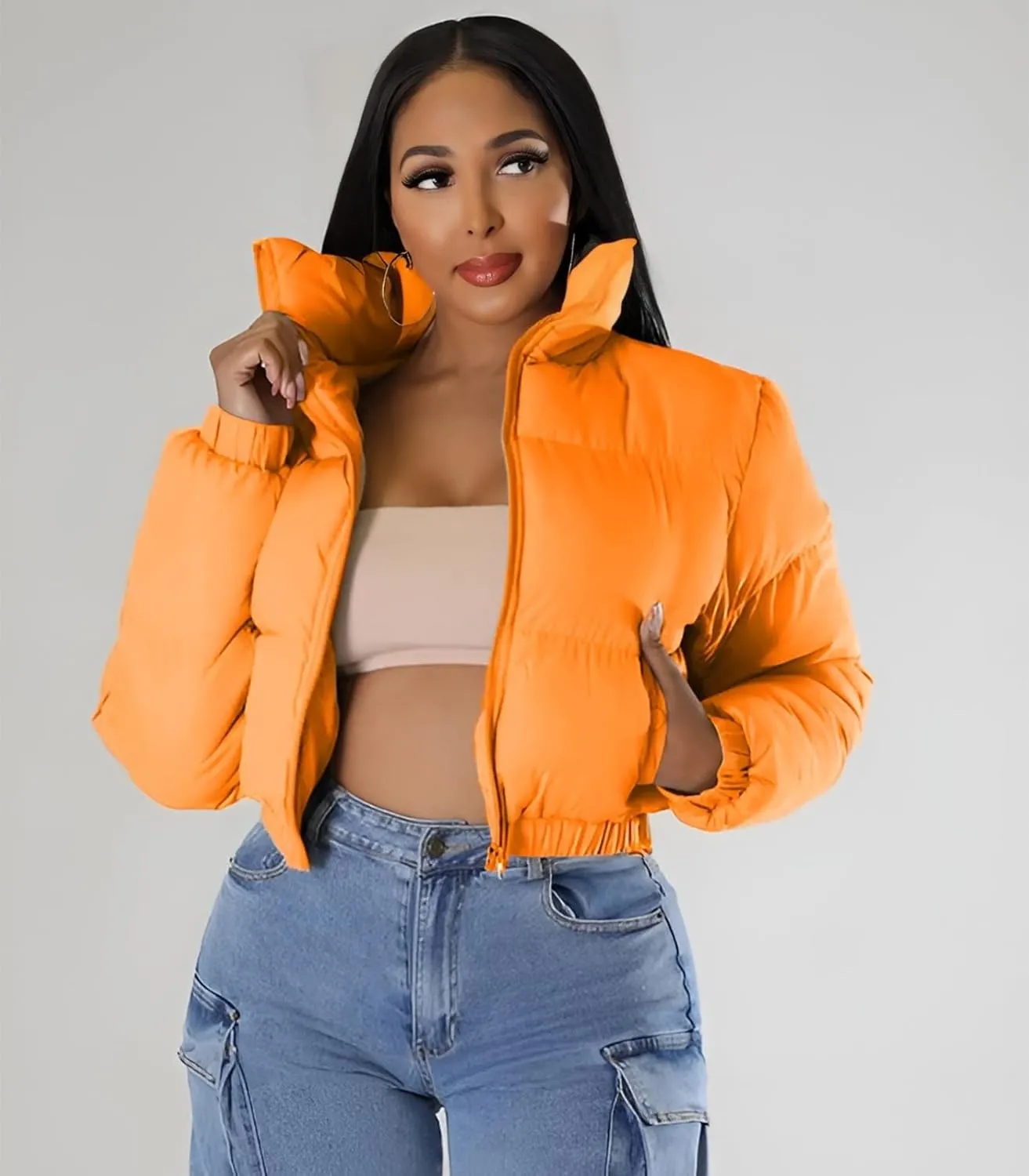 Angsuttc Puffer Jacket Womens Cropped Zip Up Padding Warm Quilted Jackets Winter Coats