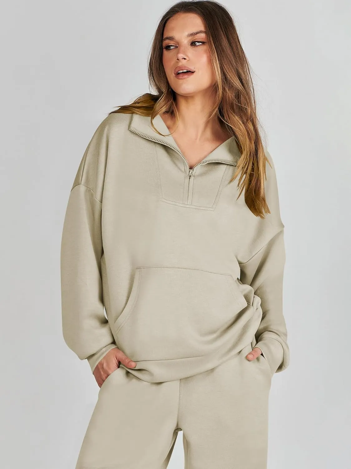 ANRABESS Women 2 Piece Outfits Sweatsuit Quarter Zip Sweatshirt Wide Leg Sweatpants Matching Lounge Set Travel Tracksuit