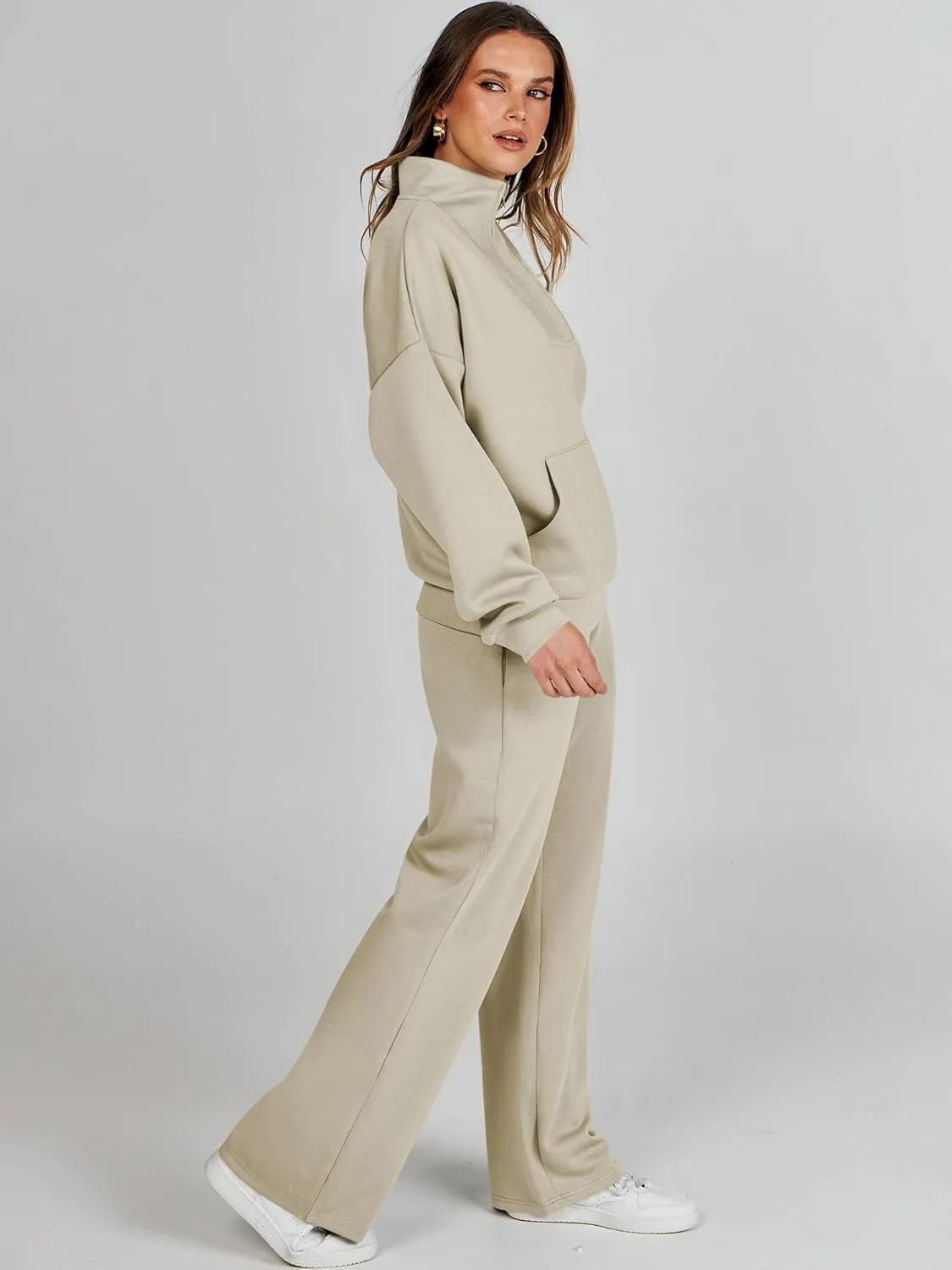 ANRABESS Women 2 Piece Outfits Sweatsuit Quarter Zip Sweatshirt Wide Leg Sweatpants Matching Lounge Set Travel Tracksuit