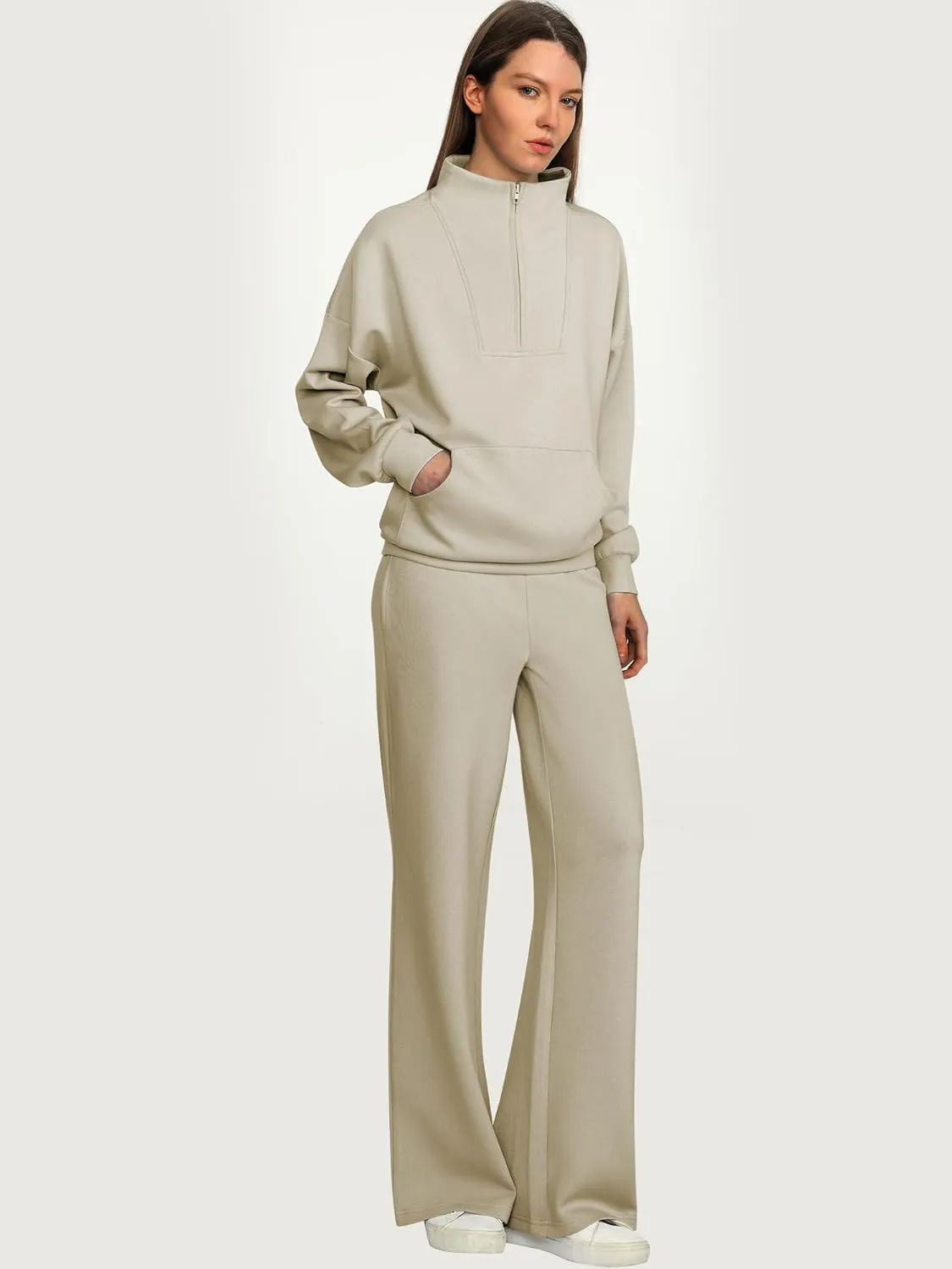 ANRABESS Women 2 Piece Outfits Sweatsuit Quarter Zip Sweatshirt Wide Leg Sweatpants Matching Lounge Set Travel Tracksuit