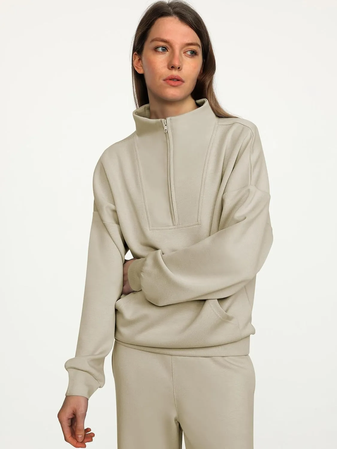 ANRABESS Women 2 Piece Outfits Sweatsuit Quarter Zip Sweatshirt Wide Leg Sweatpants Matching Lounge Set Travel Tracksuit