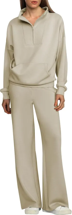 ANRABESS Women 2 Piece Outfits Sweatsuit Quarter Zip Sweatshirt Wide Leg Sweatpants Matching Lounge Set Travel Tracksuit