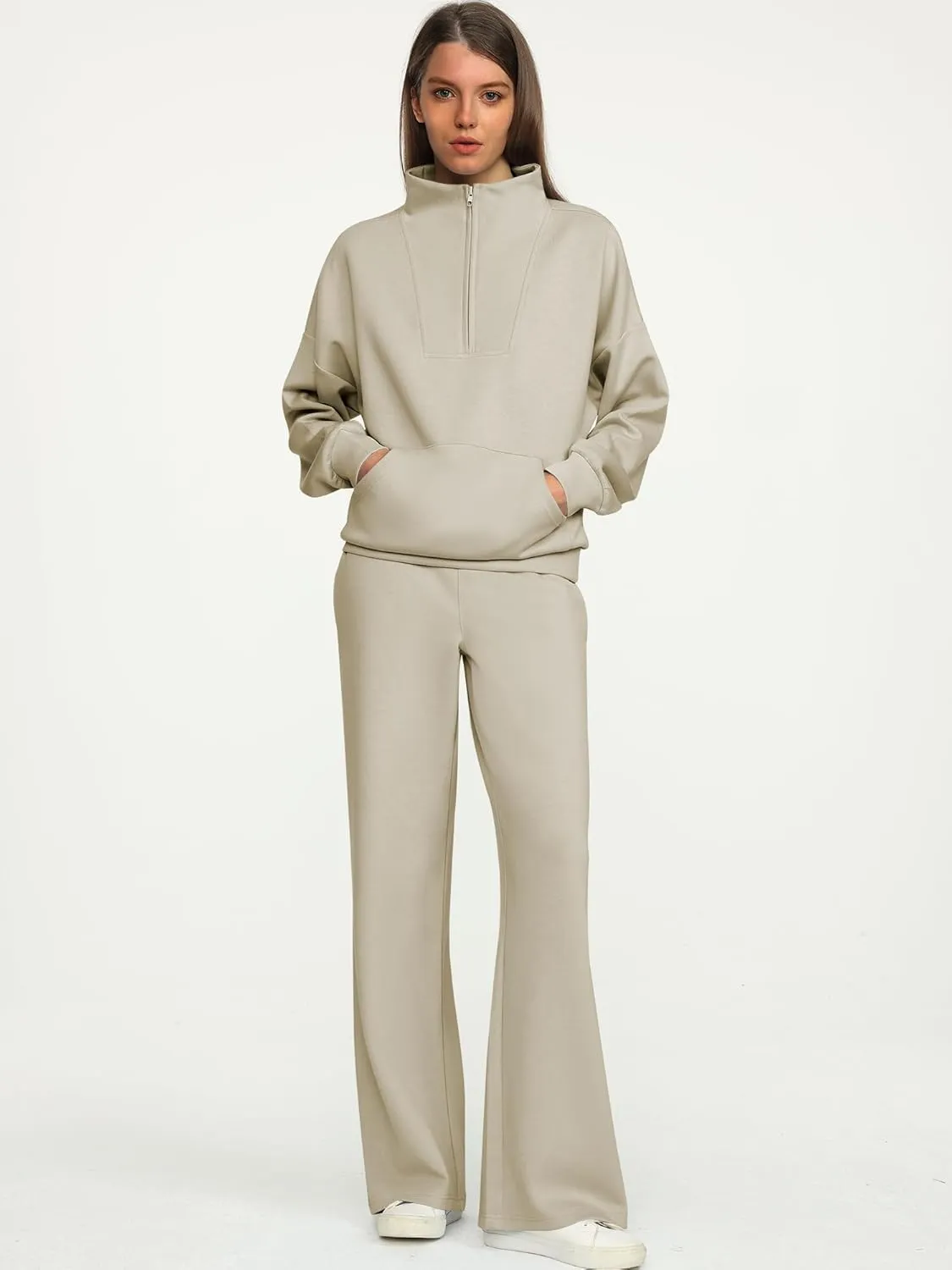 ANRABESS Women 2 Piece Outfits Sweatsuit Quarter Zip Sweatshirt Wide Leg Sweatpants Matching Lounge Set Travel Tracksuit