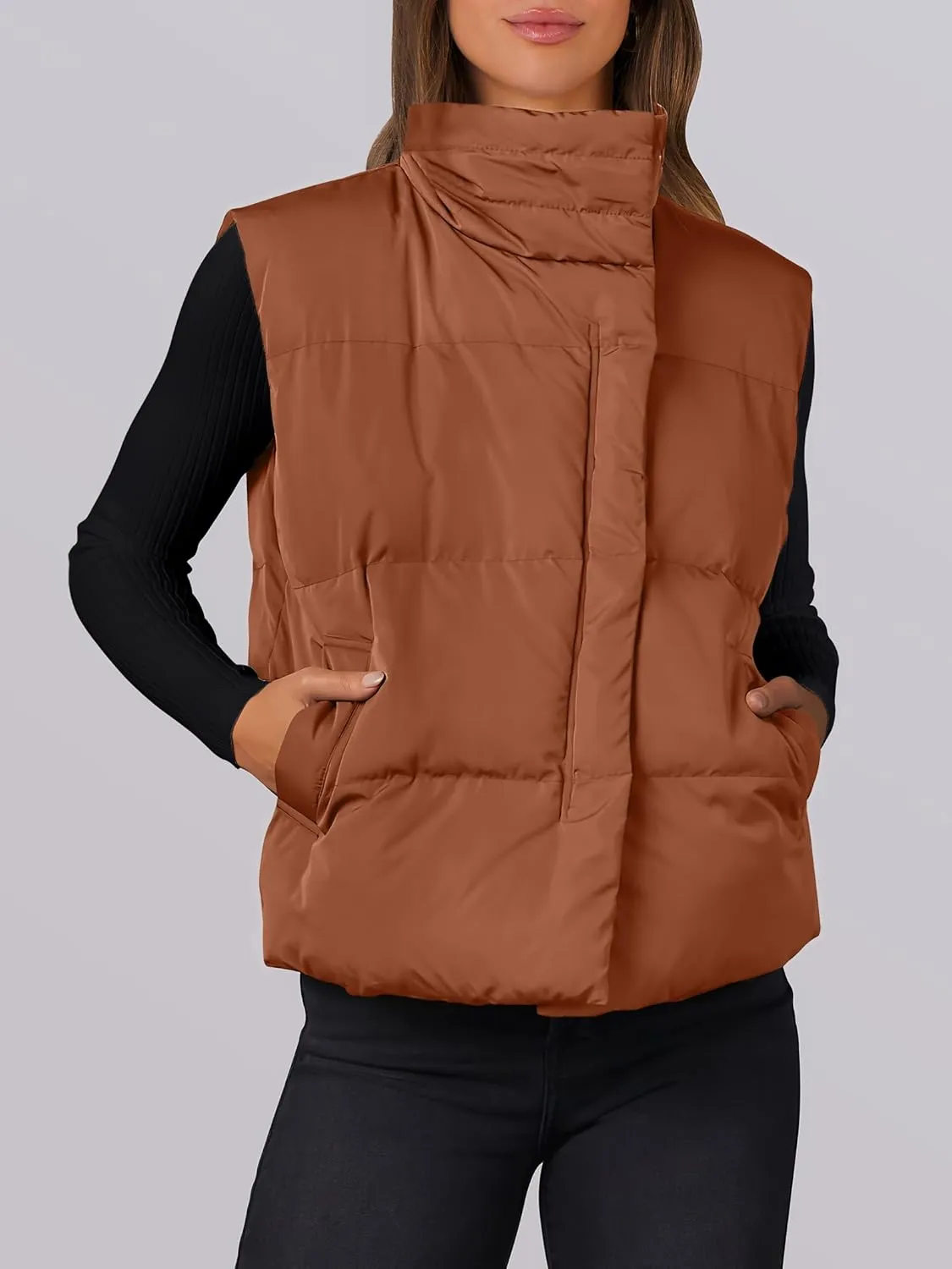 ANRABESS Women Puffer Vest Sleeveless Zip Up Stand Collar Quilted Lightweight Jacket Winter Warm Puffer Padded Down Outerwear