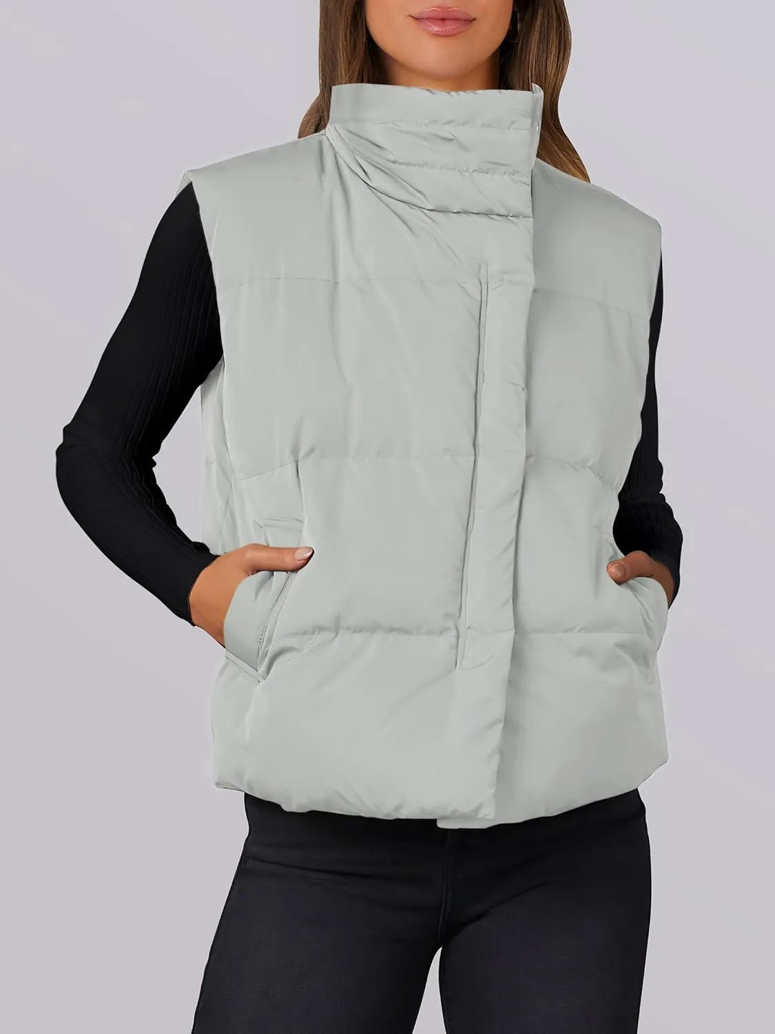 ANRABESS Women Puffer Vest Sleeveless Zip Up Stand Collar Quilted Lightweight Jacket Winter Warm Puffer Padded Down Outerwear