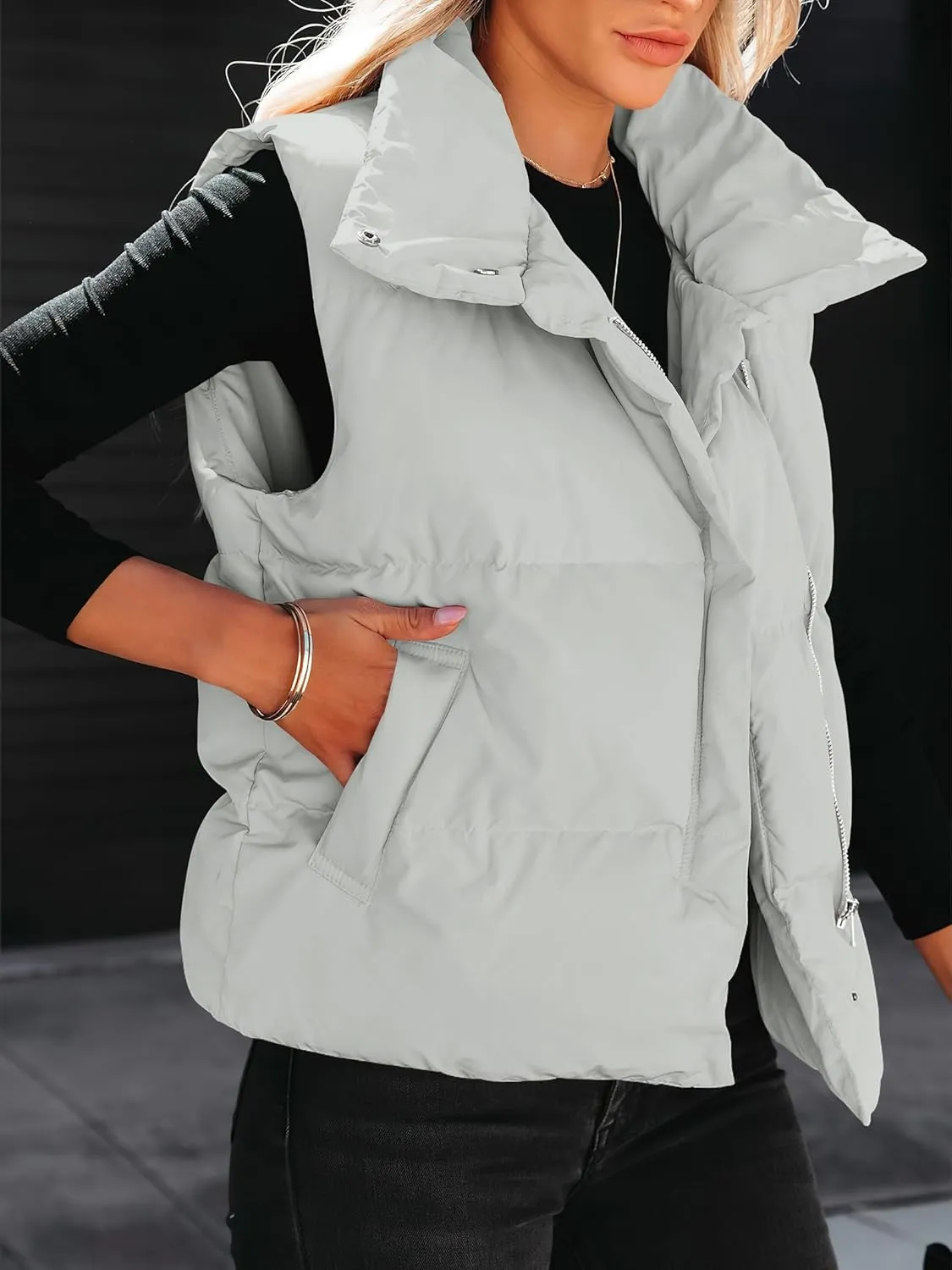 ANRABESS Women Puffer Vest Sleeveless Zip Up Stand Collar Quilted Lightweight Jacket Winter Warm Puffer Padded Down Outerwear