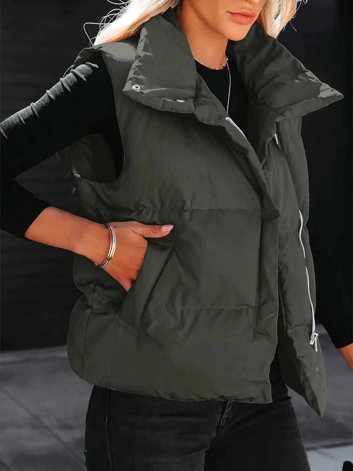 ANRABESS Women Puffer Vest Sleeveless Zip Up Stand Collar Quilted Lightweight Jacket Winter Warm Puffer Padded Down Outerwear