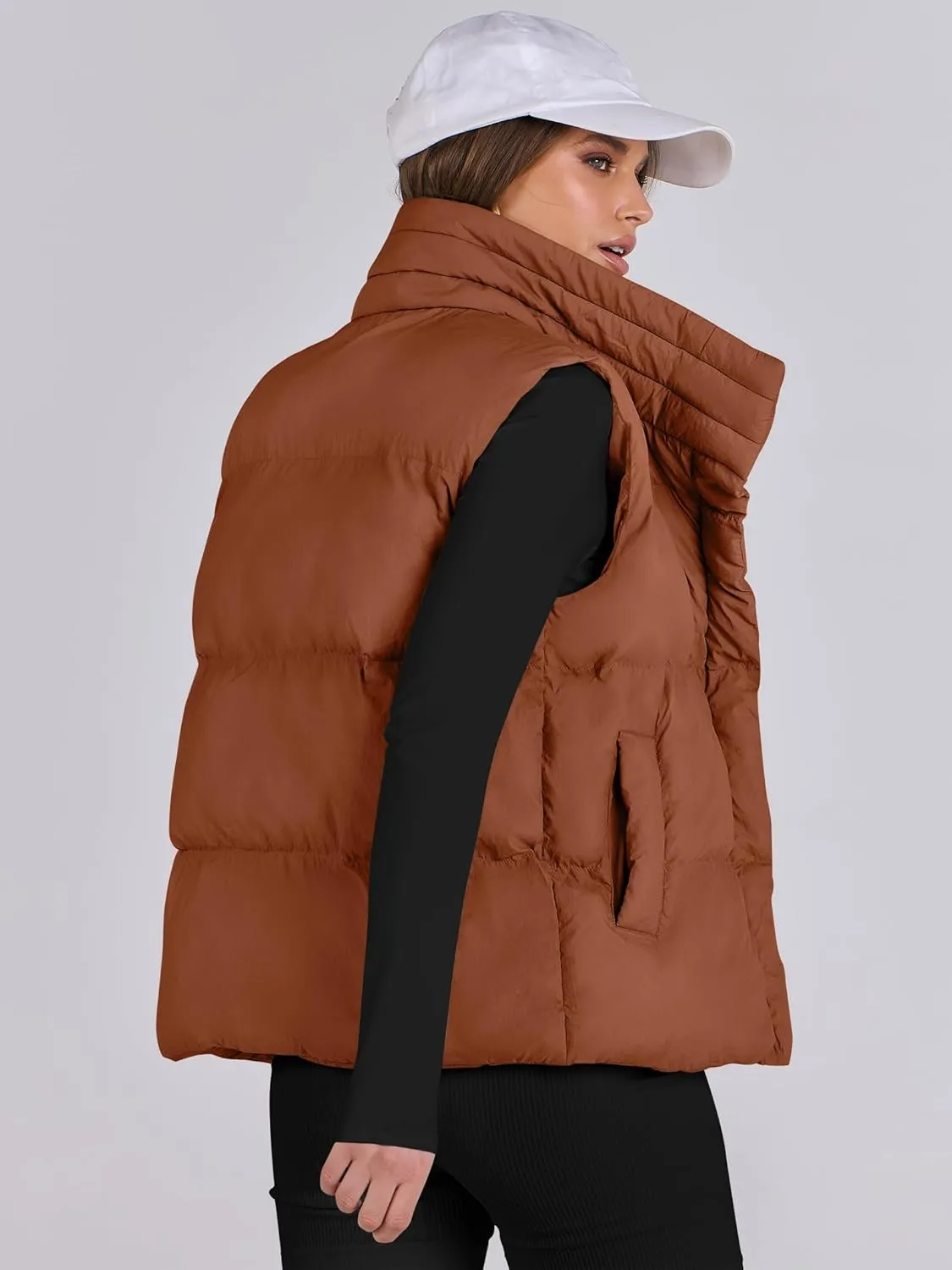 ANRABESS Women Puffer Vest Sleeveless Zip Up Stand Collar Quilted Lightweight Jacket Winter Warm Puffer Padded Down Outerwear