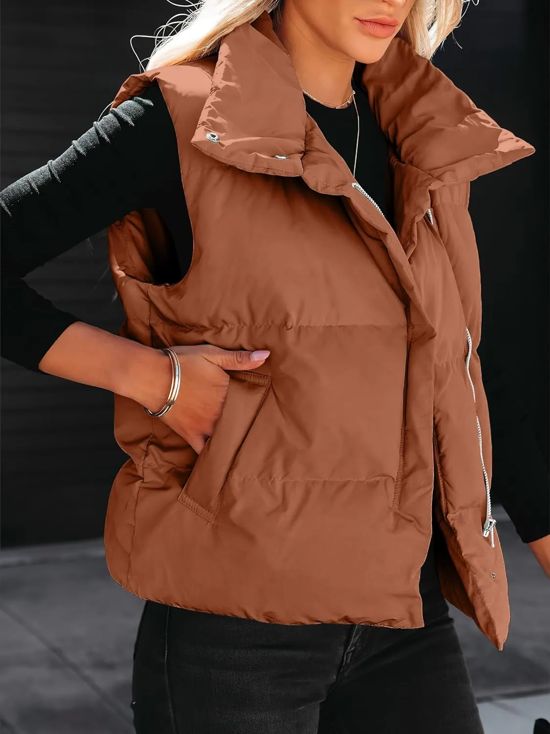ANRABESS Women Puffer Vest Sleeveless Zip Up Stand Collar Quilted Lightweight Jacket Winter Warm Puffer Padded Down Outerwear