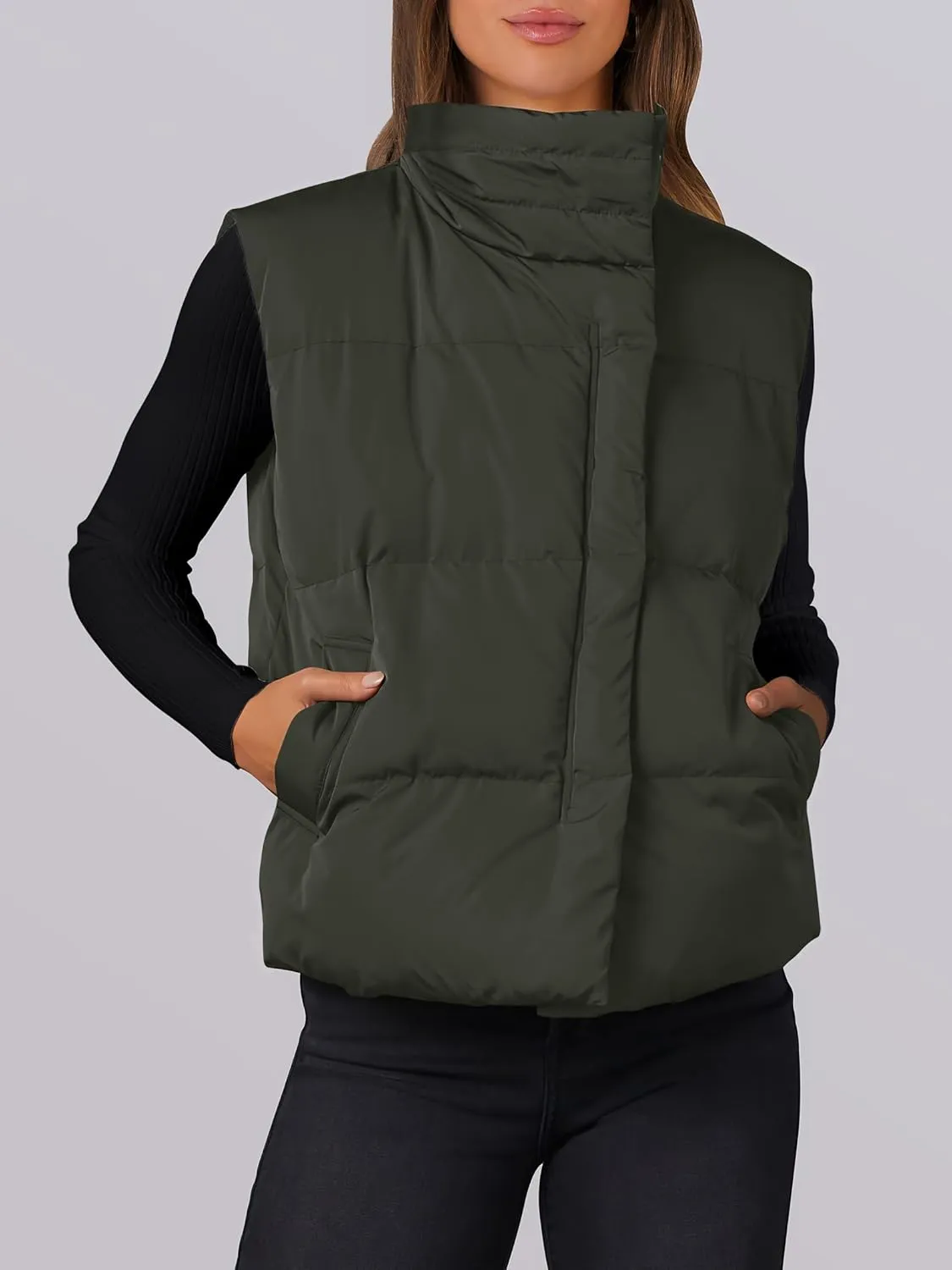 ANRABESS Women Puffer Vest Sleeveless Zip Up Stand Collar Quilted Lightweight Jacket Winter Warm Puffer Padded Down Outerwear
