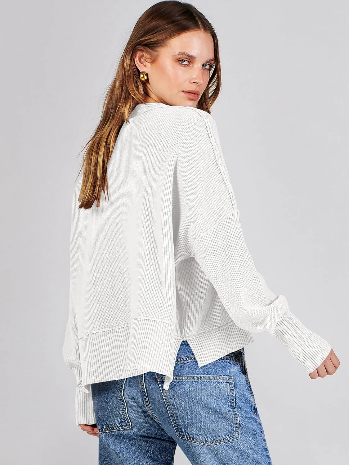 ANRABESS Womens Oversized Crewneck Cropped Sweaters Long Batwing Sleeve Side Slit Ribbed Knit Pullover Tops 2024 Fall Trendy