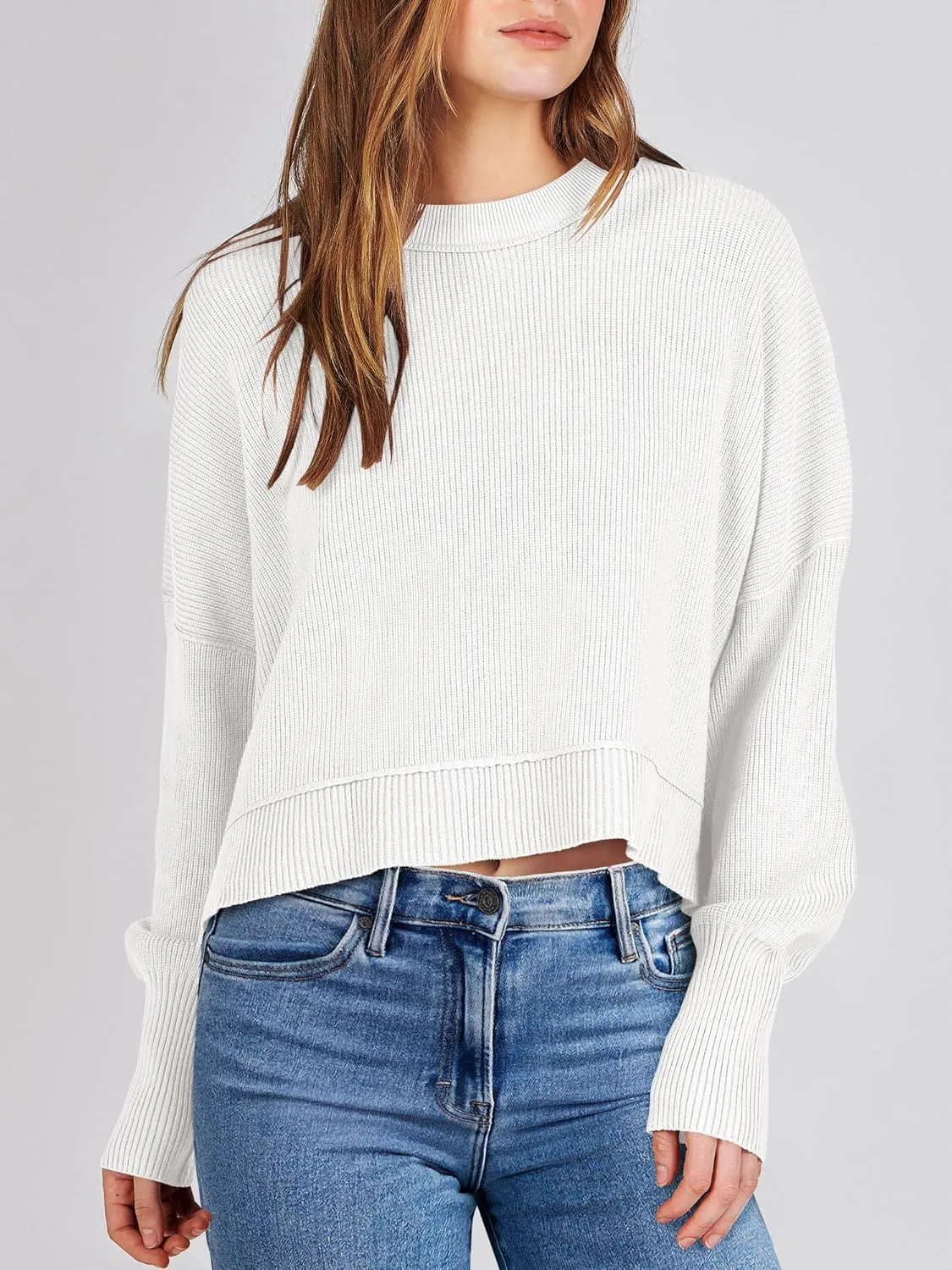 ANRABESS Womens Oversized Crewneck Cropped Sweaters Long Batwing Sleeve Side Slit Ribbed Knit Pullover Tops 2024 Fall Trendy
