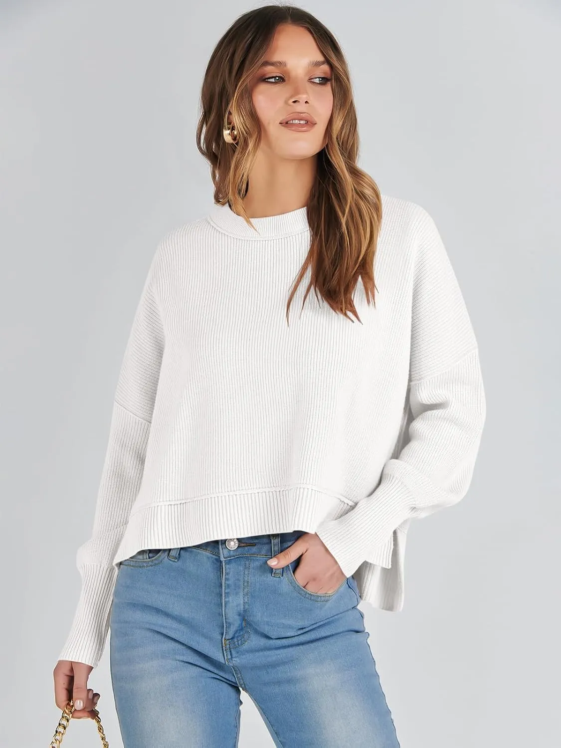 ANRABESS Womens Oversized Crewneck Cropped Sweaters Long Batwing Sleeve Side Slit Ribbed Knit Pullover Tops 2024 Fall Trendy