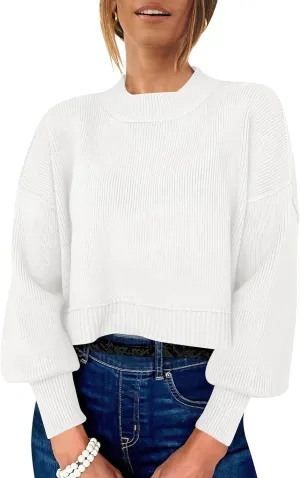 ANRABESS Womens Oversized Crewneck Cropped Sweaters Long Batwing Sleeve Side Slit Ribbed Knit Pullover Tops 2024 Fall Trendy