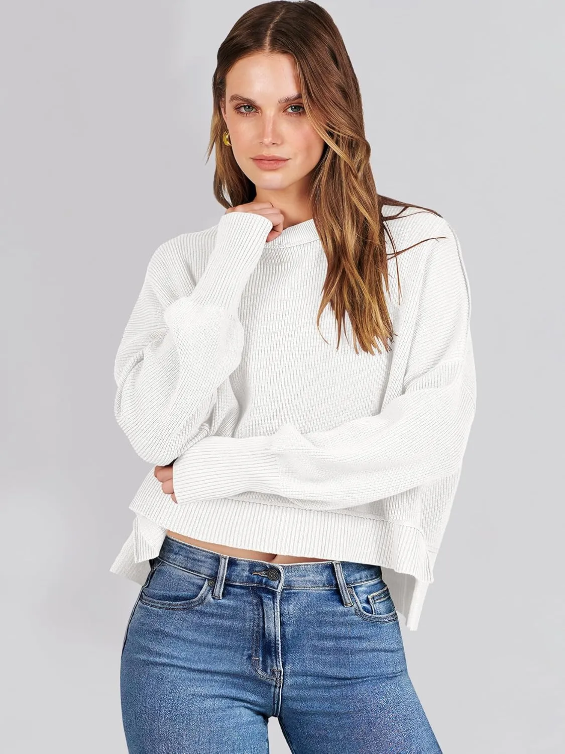 ANRABESS Womens Oversized Crewneck Cropped Sweaters Long Batwing Sleeve Side Slit Ribbed Knit Pullover Tops 2024 Fall Trendy