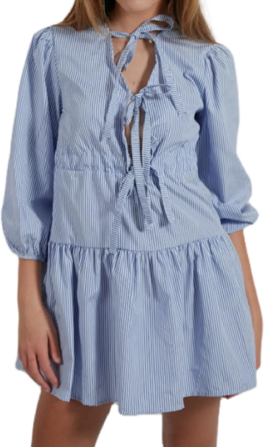Aonoapll Women Tie Front Babydoll Dress Y2k Puff Sleeve Peplum Short Dress Summer Casual High Waist A Line Mini Dresses