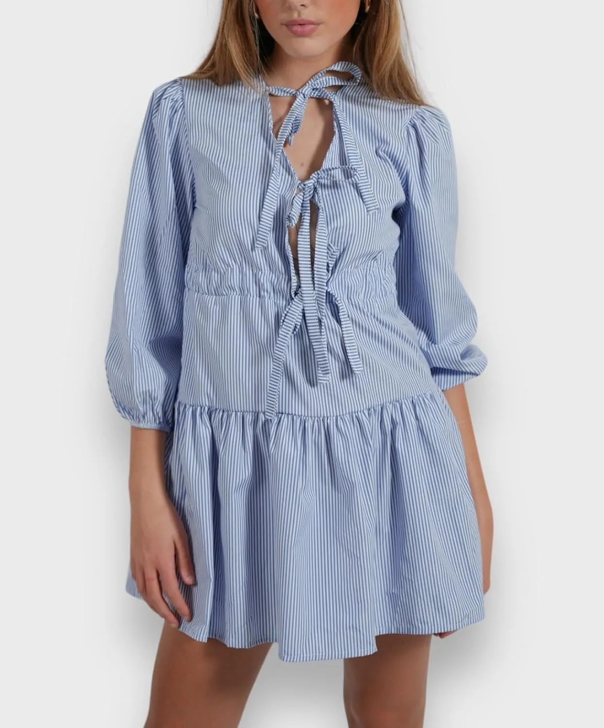 Aonoapll Women Tie Front Babydoll Dress Y2k Puff Sleeve Peplum Short Dress Summer Casual High Waist A Line Mini Dresses