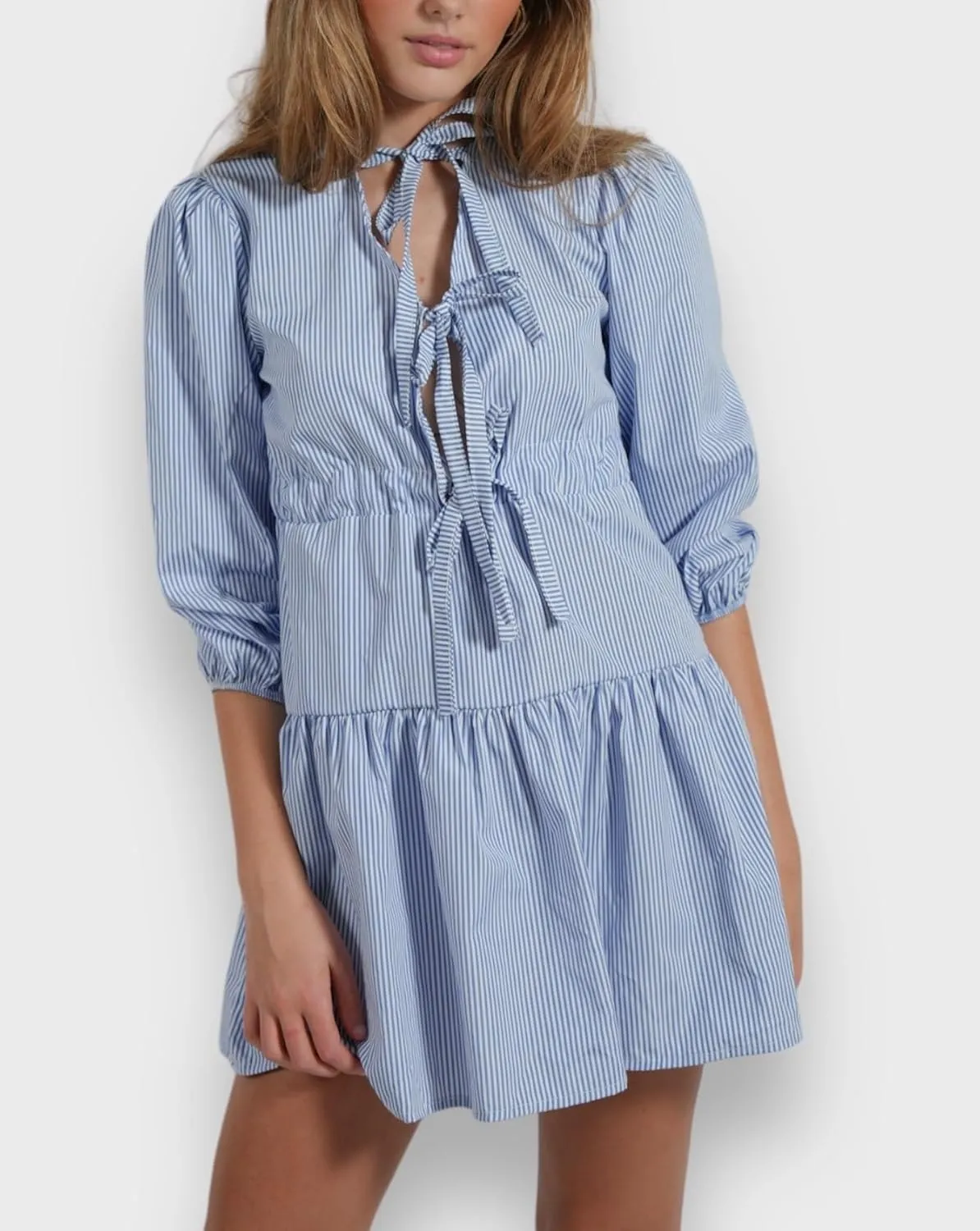 Aonoapll Women Tie Front Babydoll Dress Y2k Puff Sleeve Peplum Short Dress Summer Casual High Waist A Line Mini Dresses