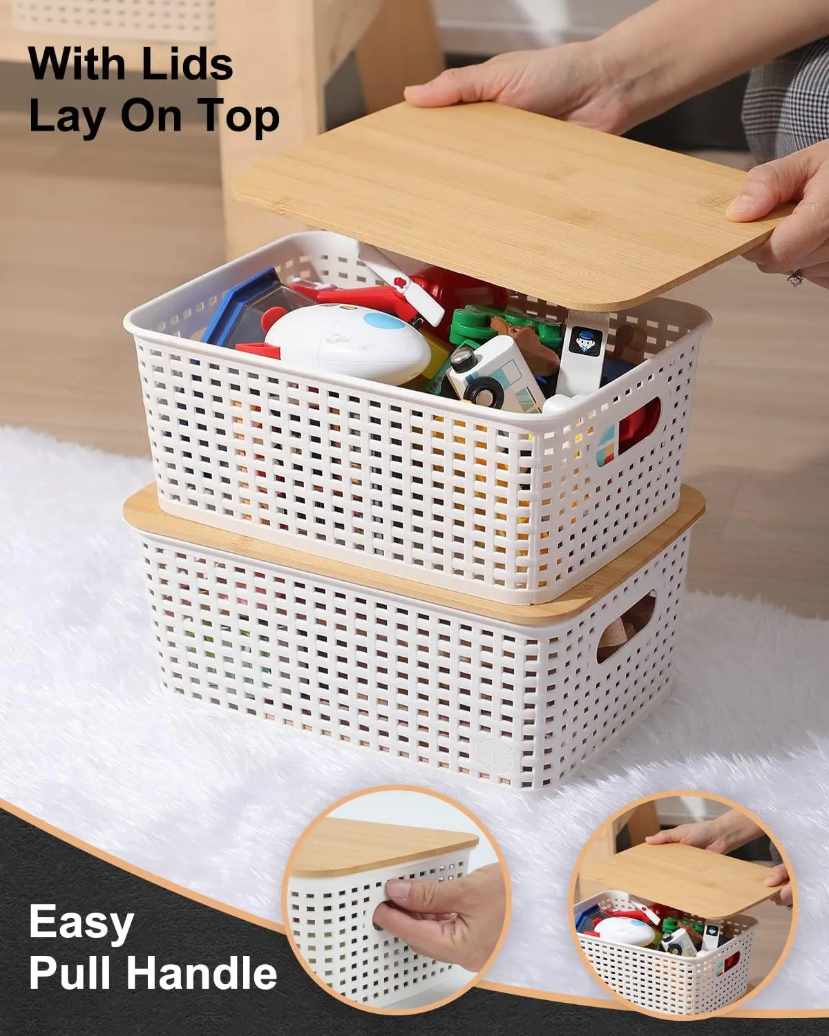 AREYZIN Storage Bins with Bamboo Lids Set of 6 Lidded Storage Container Plastic Baskets Organizer Bins for Organizing Kithen Room Bedroom Office Closet, Sturdy(White)