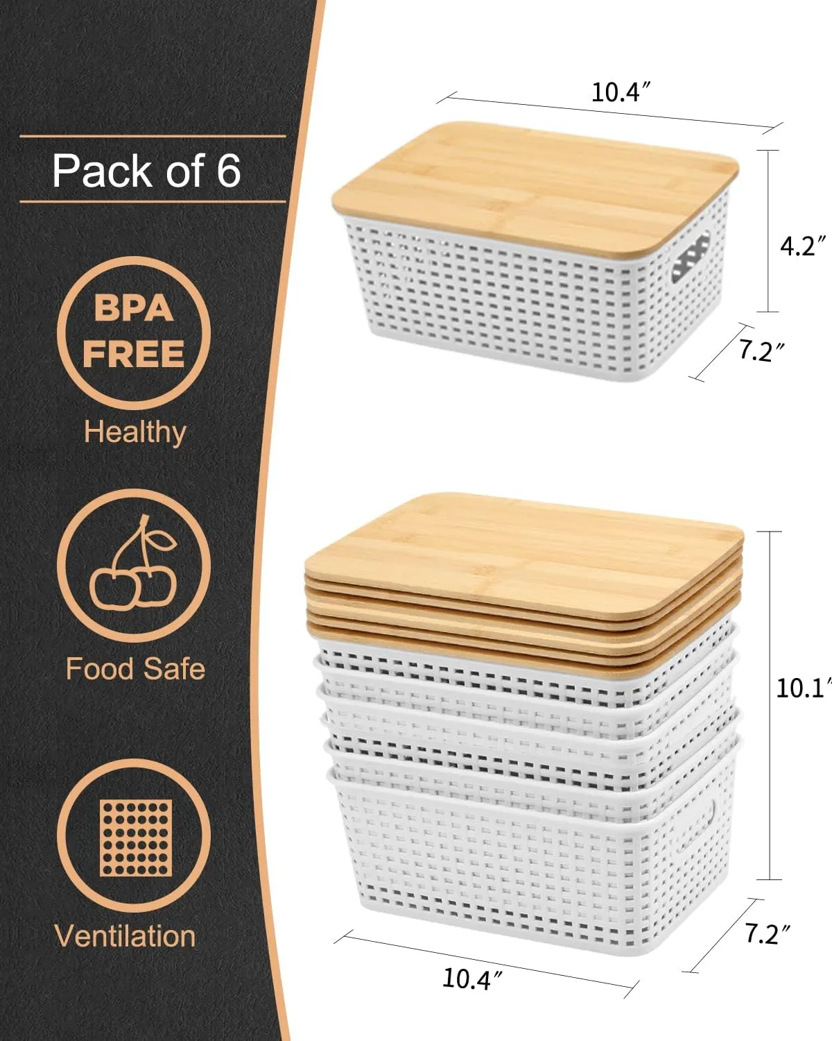 AREYZIN Storage Bins with Bamboo Lids Set of 6 Lidded Storage Container Plastic Baskets Organizer Bins for Organizing Kithen Room Bedroom Office Closet, Sturdy(White)