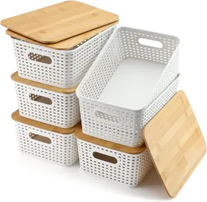 AREYZIN Storage Bins with Bamboo Lids Set of 6 Lidded Storage Container Plastic Baskets Organizer Bins for Organizing Kithen Room Bedroom Office Closet, Sturdy(White)
