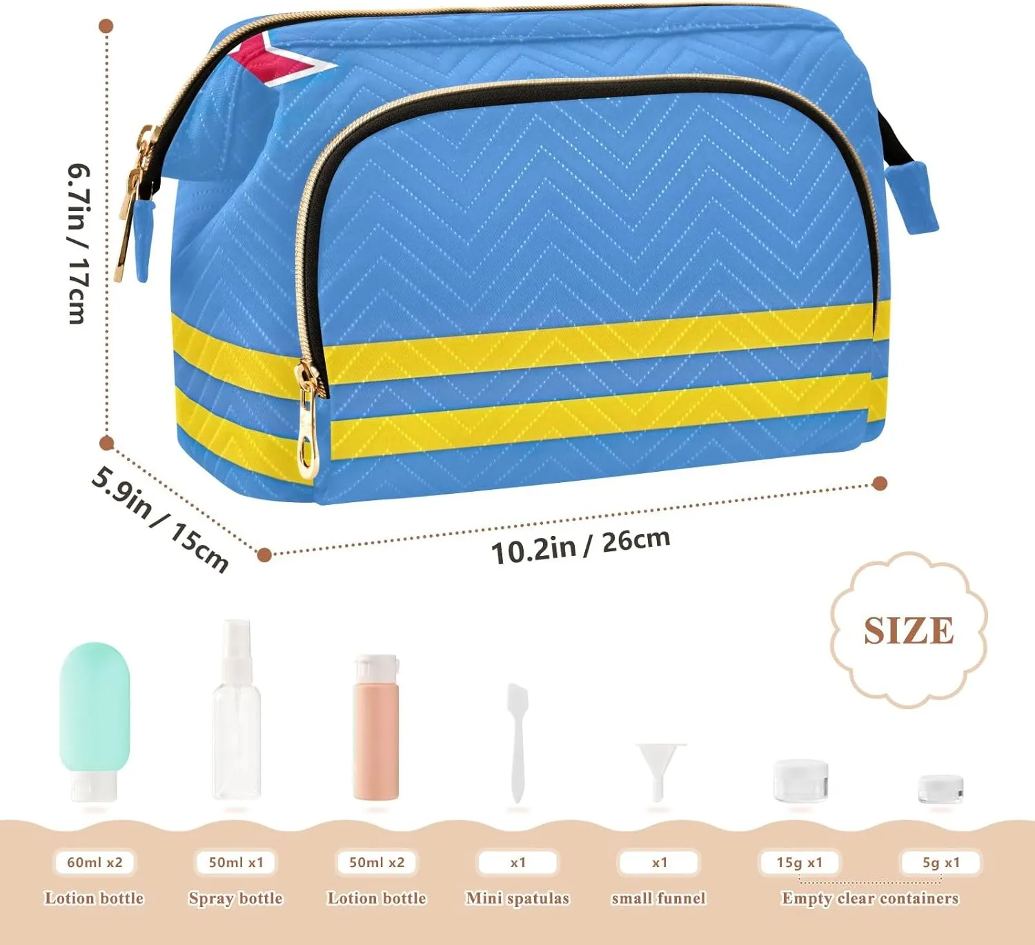 Aruba Flag Quilted Cosmetic Bag with 9-Piece Accessory Set, Large Women Makeup Bas Cosmetic Bags for Women for Purse