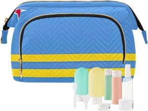 Aruba Flag Quilted Cosmetic Bag with 9-Piece Accessory Set, Large Women Makeup Bas Cosmetic Bags for Women for Purse