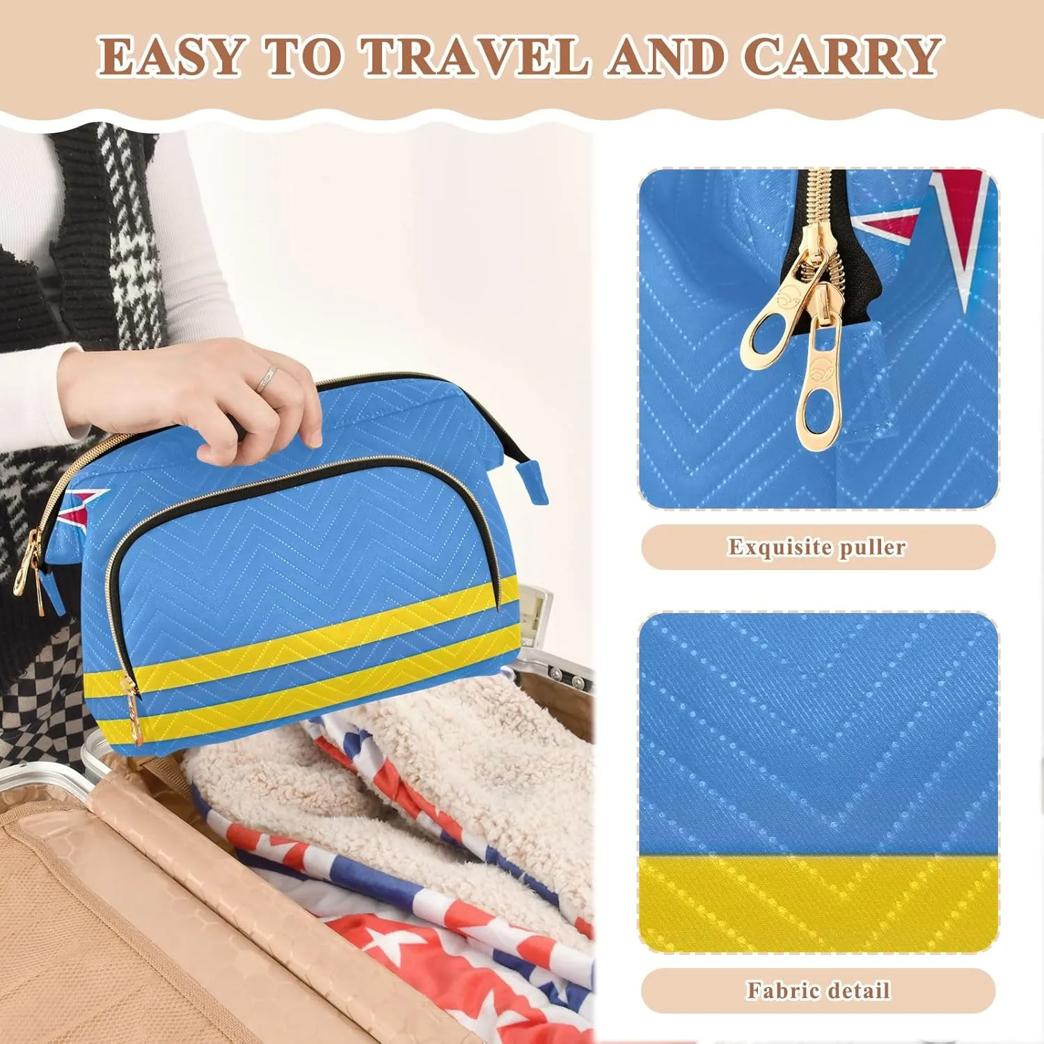 Aruba Flag Quilted Cosmetic Bag with 9-Piece Accessory Set, Large Women Makeup Bas Cosmetic Bags for Women for Purse