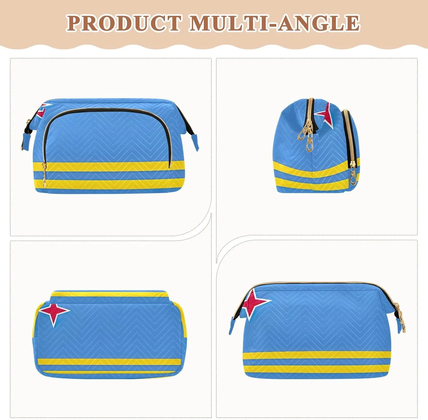 Aruba Flag Quilted Cosmetic Bag with 9-Piece Accessory Set, Large Women Makeup Bas Cosmetic Bags for Women for Purse