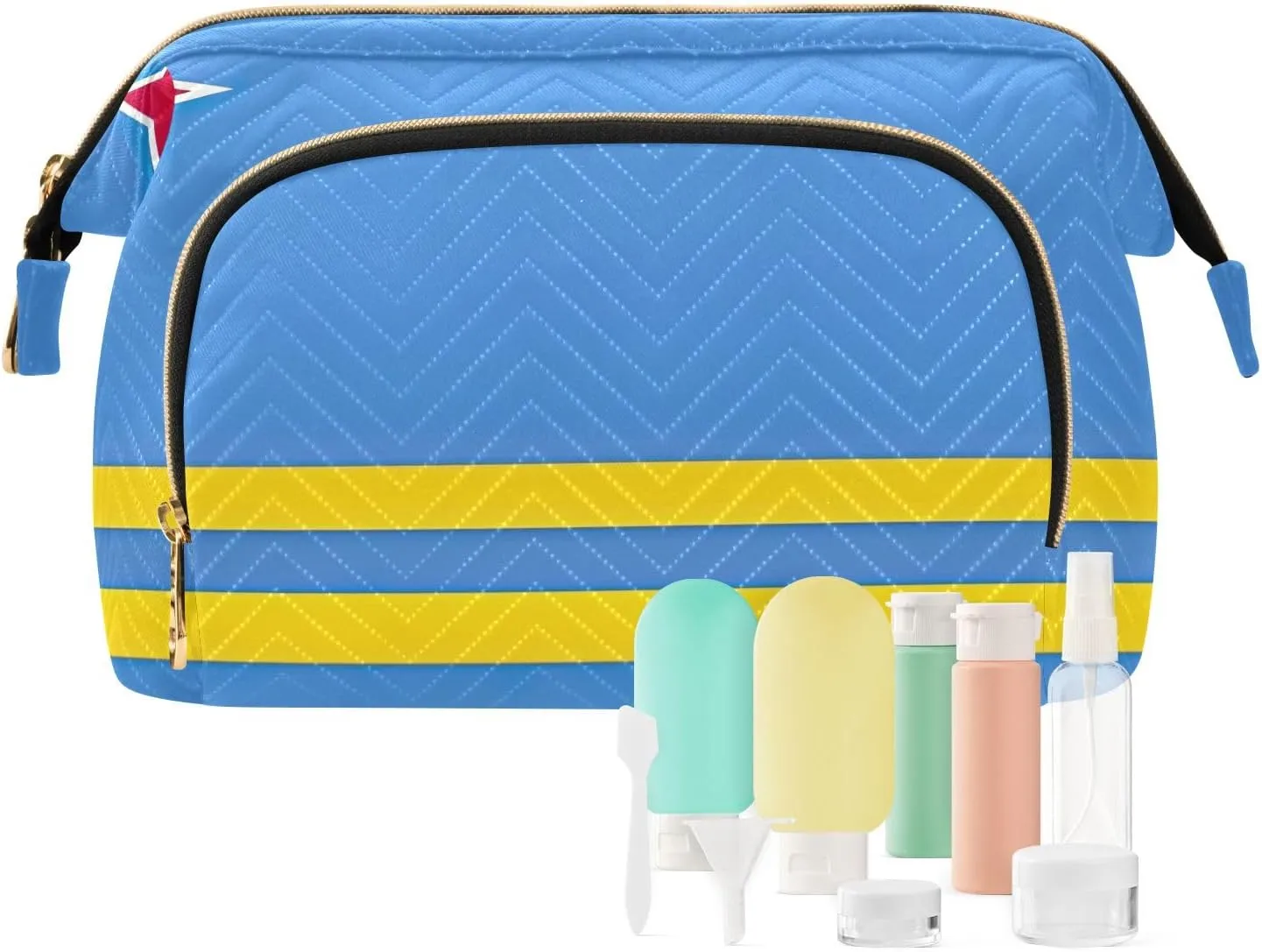 Aruba Flag Quilted Cosmetic Bag with 9-Piece Accessory Set, Large Women Makeup Bas Cosmetic Bags for Women for Purse