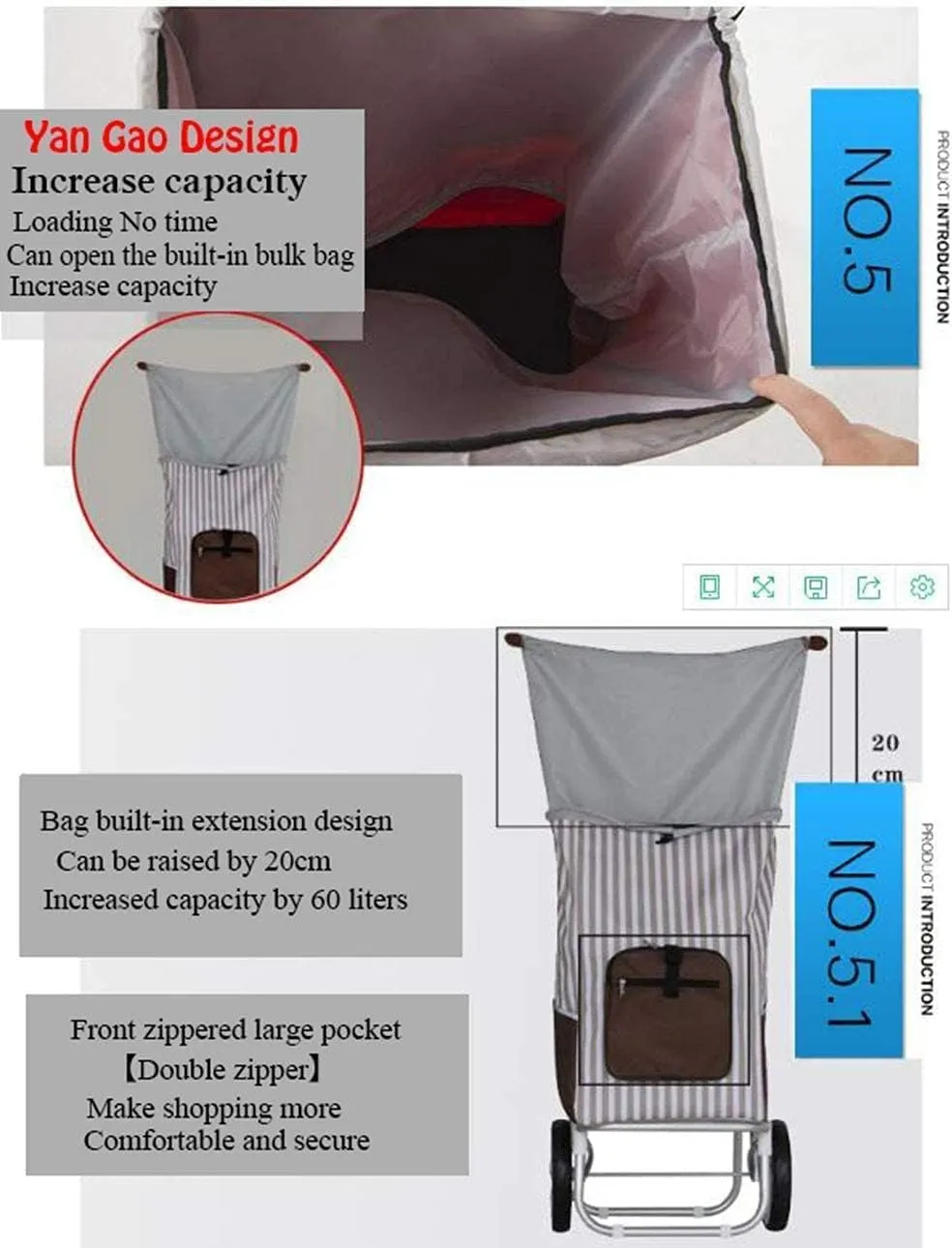 Aviation Aluminum Alloy Three-Wheeled Folding Shopping Cart Seat, Lightweight Stair Climbing Cart, Detachable Waterproof Ox Cloth Bag,F