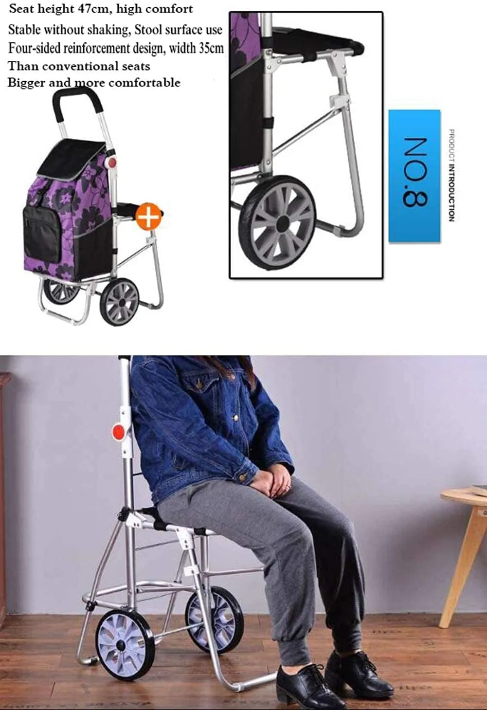 Aviation Aluminum Alloy Three-Wheeled Folding Shopping Cart Seat, Lightweight Stair Climbing Cart, Detachable Waterproof Ox Cloth Bag,F